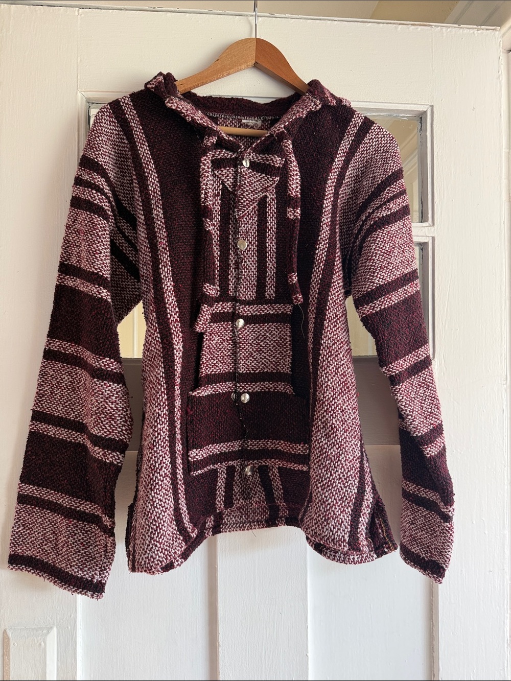Urban Outfitters Striped Hooded Knit Sweater Poncho in Burgundy and White